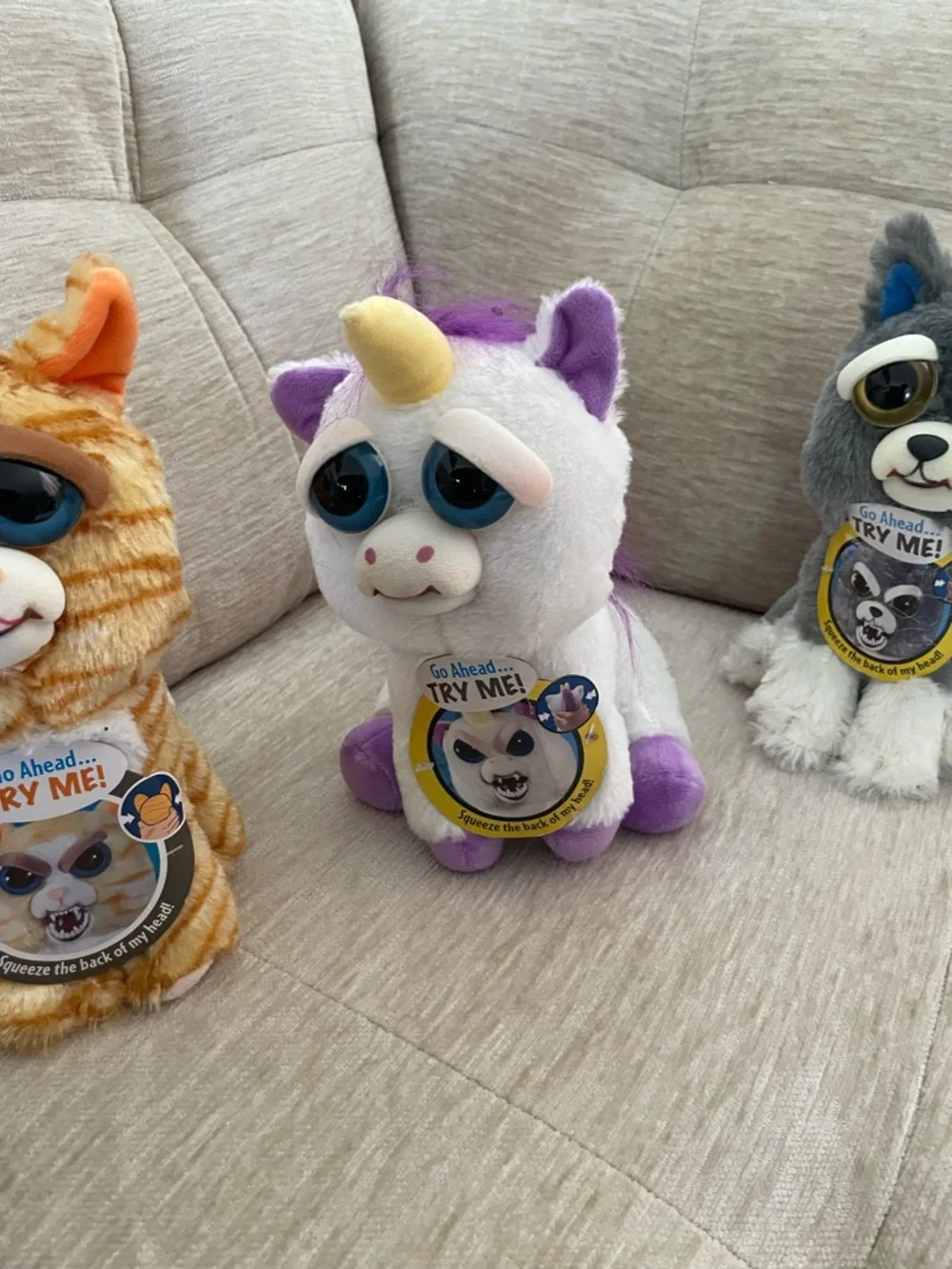 Feisty Pets Trio - Orange Tabby, White/Purple Unicorn, Gray Puppy